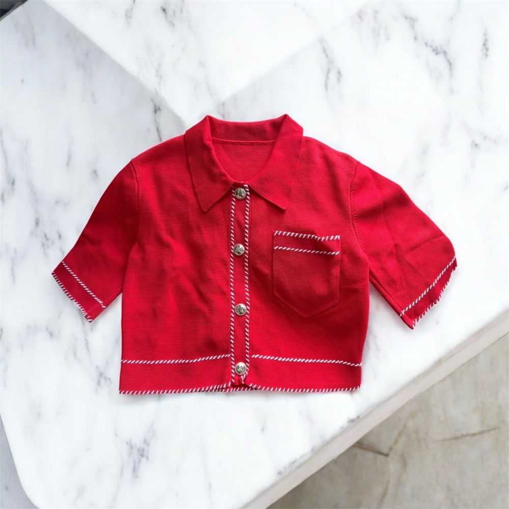 Red Button-Up Women Cropped Shirt